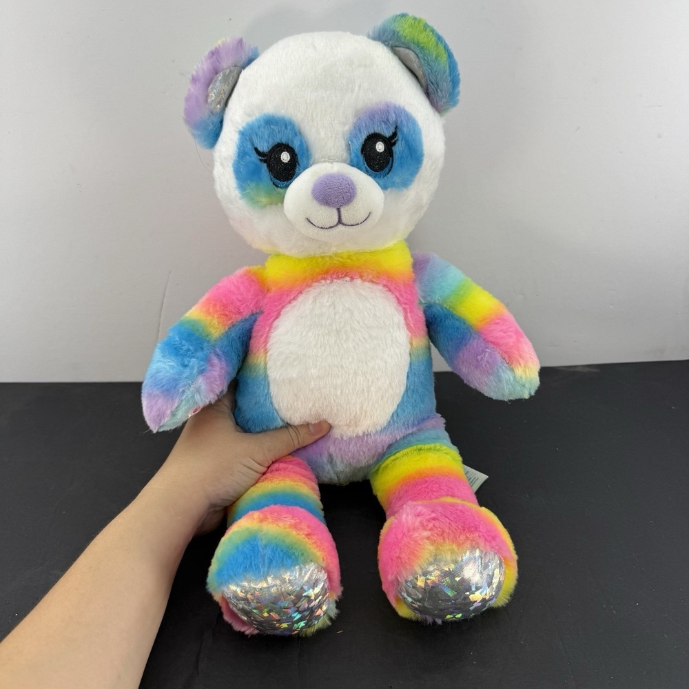 Build A Bear Rainbow Panda Plush 17" Sparkle Silver Feet Stuffed Animal BAB